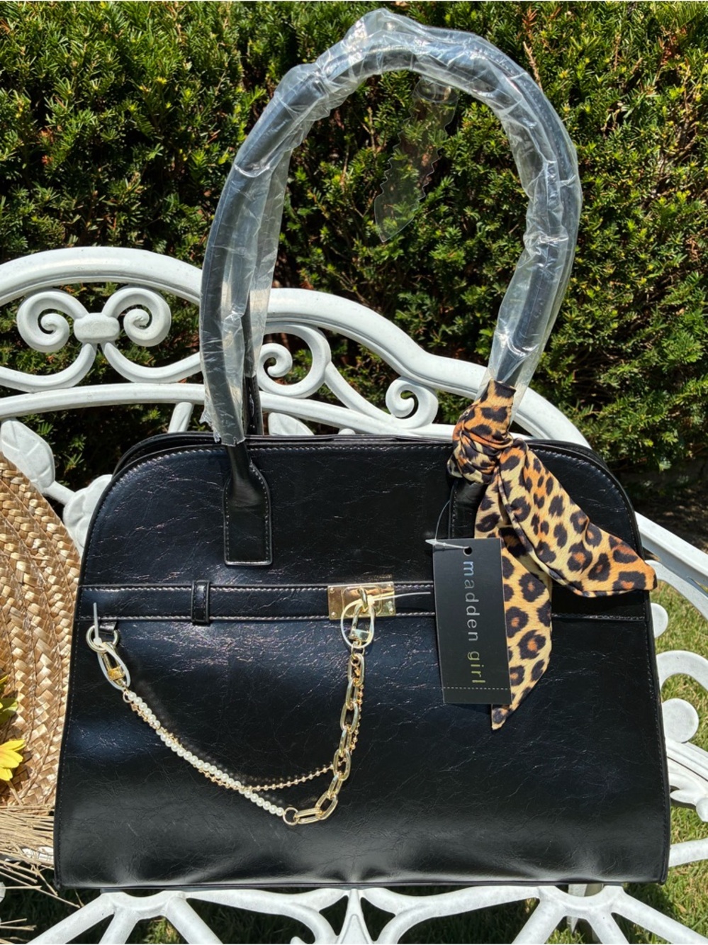 NWT! Madden Girl Large Black Structured Satchel with Gold Chain & Leopard Scarf